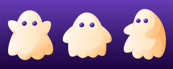 A set of three Halloween ghosts in different positions. Funny ghost icons. Cute ghost characters. Design elements for logos, badges, banners, labels, and posters.