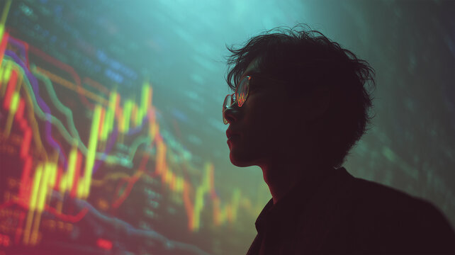 男性が金融チャートを見つめる後ろ姿