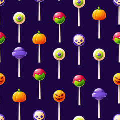 A seamless pattern on a dark background for Halloween with lollipops of various shapes and colors. Pumpkin-shaped candies with eyes and skulls, colorful sweets. Trick or treat.