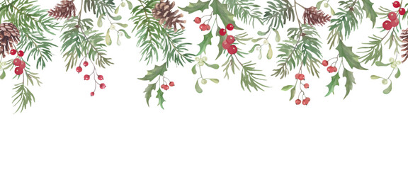 
Merry Christmas Seamless Border. Hand Painted Watercolor Holly, Mistletoe,  Winter Greenery Illustrations. Vector EPS.