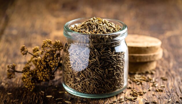 Dried cumin in a glass jar on a wooden table