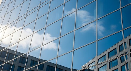 Modern Glass Building Facade Reflecting Blue Sky.