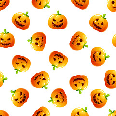 A seamless pattern with Halloween pumpkins on a white background. Orange pumpkins with different facial expressions, including an emotion, eyes, and a smile. A pattern for Halloween designs.