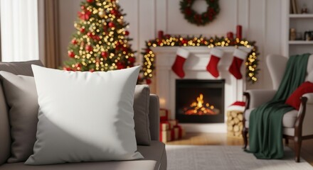 Cozy Christmas interior with blank white pillow mockup on sofa. Scandinavian-style living room lit Christmas tree, gifts, and knitted blanket. Perfect for showcasing holiday designs or home decor.