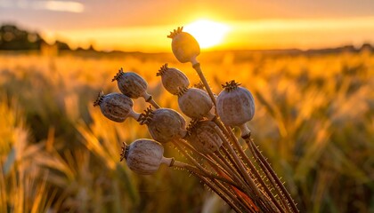 Dried poppy heads in golden wheat field at sunset