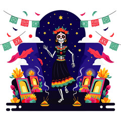 Cartoon skeleton figure dancing with floral decorations in a vibrant, colorful Dia de los Muertos illustration against a night sky background.