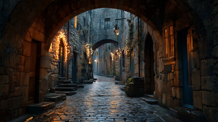 Fototapeta premium 雨に濡れた石畳の路地の静かな黄昏情景