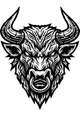 Fototapeta premium Dynamic black and white bull head illustration, featuring a fierce, aggressive tribal style design with ornate horns and a prominent nose ring. This powerful graphic art embodies strength, determinati