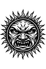 Fototapeta premium A fierce, stylized black and white sun face illustration depicting intense anger, featuring a roaring mouth with sharp fangs, furrowed brows, and dynamic, flame-like rays. Perfect for bold graphic des