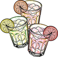 Three Citrus Drinks with Ice Cubes and Fruit Slices in Glasses