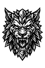 Fototapeta premium Intense Geometric Wolf Head Design with Sharp Angles and Bared Fangs, a Powerful Black and White Polygonal Art Vector Graphic, Ideal for Aggressive Branding, Gaming, T-shirts, Tattoos, Capturing Prima