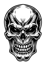 Fototapeta premium Intense monochromatic skull illustration with a menacing glare and sharp, highly detailed features. A captivating black and white graphic design, perfect for edgy artwork, apparel, or gaming branding.