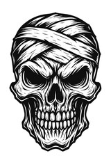Fototapeta premium Highly detailed black and white vector art of an aggressive mummy skull, eyes glaring from intricate ancient wrappings. This dark, powerful, and spooky undead illustration is perfect for Halloween, ho
