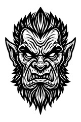 Fototapeta premium Menacing Black and White Werewolf Beast Head Vector Illustration for Horror Designs, Tattoo Art, Primal Monster Logos, or Fierce Fantasy Gaming Graphics with Sharp Fangs and Aggressive Growl Icon Desi