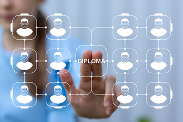 Diploma Education Concept. Young girl using virtual touch screen presses the word DIPLOMA. Degree ceremony and educational programs. Graduation university or college.