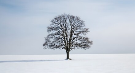 Solitary Bare Tree in a Snowy Winter Landscape.