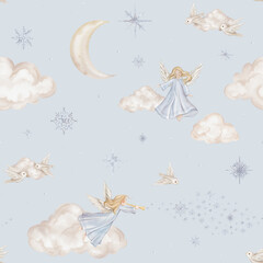 Seamless pattern with cute Christmas angel trumpets with light hair and blue dress. Hand drawn illustration repeat ornament with snowflakes children's design and beige birds among the clouds moon.