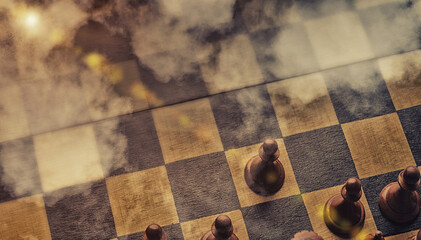 Black Chess Pieces Standing On Chessboard Ready For Battle With Unknown Opponent Covered With Fog. Business Strategy Concept. Collage, Panorama