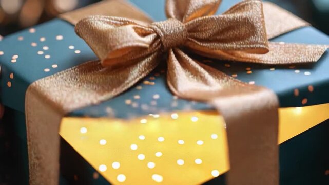 A beautifully wrapped blue gift box with a shiny gold bow, ready for gifting or decoration