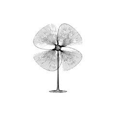 A stylized illustration of a floor lamp with four rounded fan blades in a black and white sketch style