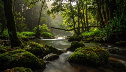 Obraz premium Lush rainforest stream scene