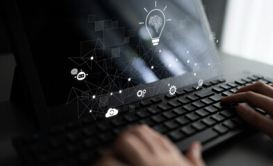 AI innovation with neural network and digital transformation. AI innovation drives automation, powers ideas, AI innovation enhances SEO, and AI innovation enables global connection. Latch