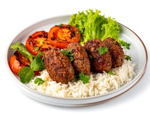Grilled meatballs on rice with vegetables