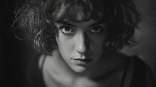 Young woman with curly hair gazes intensely at the camera in a moody, monochromatic setting during evening hours