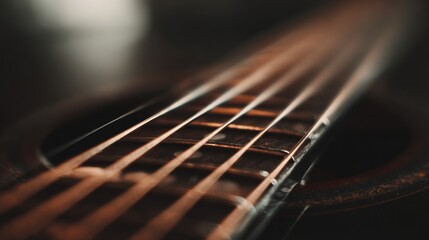 Fototapeta premium Close-up view of guitar strings highlighting craftsmanship and details in soft lighting during a music session