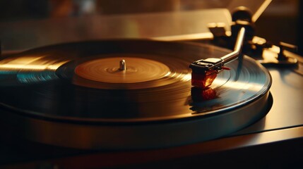 Vinyl records spinning on a turntable in a cozy indoor setting during late afternoon