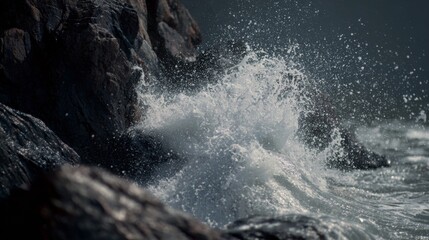 Waves crashing against rocky shoreline during sunset creates a dramatic seascape filled with energy and motion
