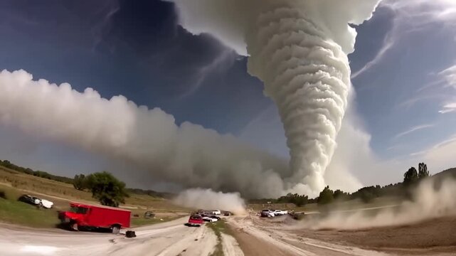 POV driving into a massive tornado causing destruction. Cars thrown by a powerful cyclone in an apocalyptic storm. Extreme weather and natural disaster concept.