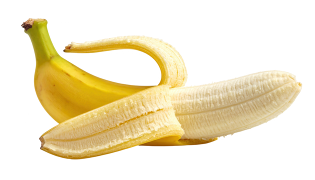 Ripe banana, partially peeled, showcasing the creamy white fruit against a stark black backdrop, highlighting the texture and freshness of the tropical food, offering a simple, elegant, and...