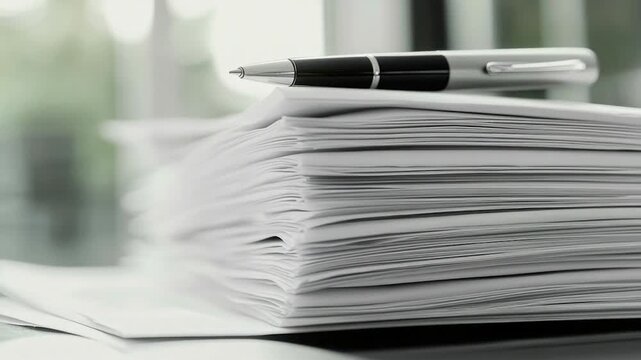 A pen sits atop a stack of papers in a tidy and organized manner