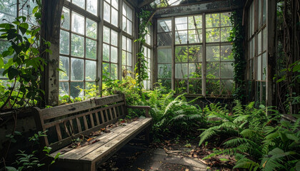 An abandoned glasshouse overtaken by lush green plants and moss, with a weathered wooden bench creating a mysterious yet peaceful atmosphere.