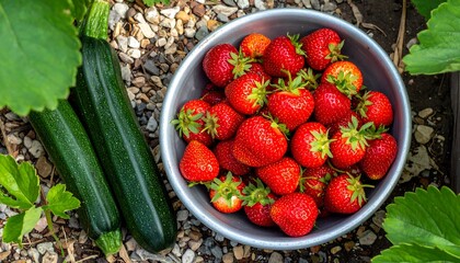 Freshly picked strawberries and zucchini in a bowl