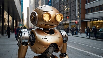 Fototapeta premium Potato Robot – A humanoid robot made of potatoes and metallic parts, standing proudly in a futuristic city 3