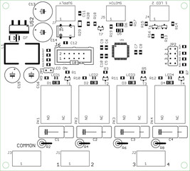 Placement of components of radio elements (contact
pads and seats) on printed circuit board of electronic device.  Vector engineering drawing of pcb. Electric background.  Computer technic cad design.