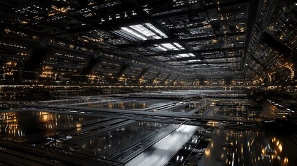 Large tunnel of huge data center with amazing lightning background 