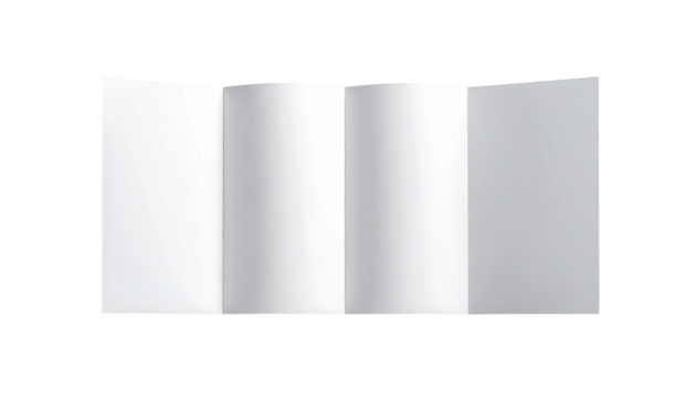 Clean white brochure displayed open with multiple panels, revealing blank pages that can be used for print, design, and advertisement.
