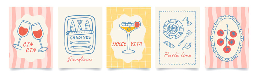 Set of summer italian mediterranean posters. Vacation in Italy. Amalfi. Italian food. Hand drawn cocktail, pasta, tomato in plate, sardines, wine. Vector illustration for poster or card. © Anna Bova