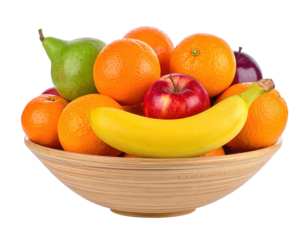 Delicious assortment of fresh fruit presented in a wooden bowl, showcasing a vibrant mix of healthy oranges, a ripe red , a bright yellow banana, green pear, and purple plum, all isolated against a...