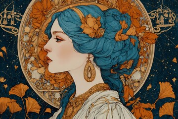 Libra zodiac woman in Art Nouveau style with blue hair, golden earrings, floral crown and celestial background with zodiac balance scales