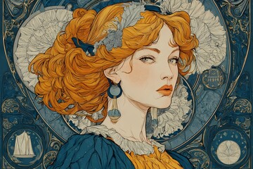 Libra zodiac woman in Art Nouveau style with golden hair, blue earrings, white flowers and ornate decorative astrology background illustration