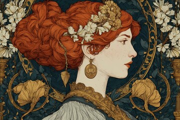 Libra zodiac woman in Art Nouveau style with red hair, golden crown, white blossoms and ornate decorative astrology background illustration