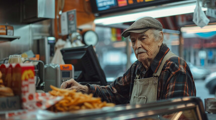 Elderly man in apron working fast food restaurant after retirement highlighting senior employment and financial hardship issues