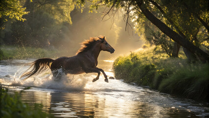 A powerful brown horse mid-leap through a shallow, glassy stream at golden hour. Water splashes dramatically around its hooves in radiant droplets, catching the warm glow of the low sun.