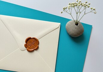 A creamcolored envelope sealed with a rustic brown wax seal, placed on a vibrant turquoise background with a small vase of delicate white flowers