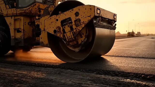 Road Roller Compacting Fresh Asphalt at Sunrise or Sunset on a New Highway Construction Site
