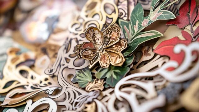A detailed view of a jewelry brooch featuring a flower design
